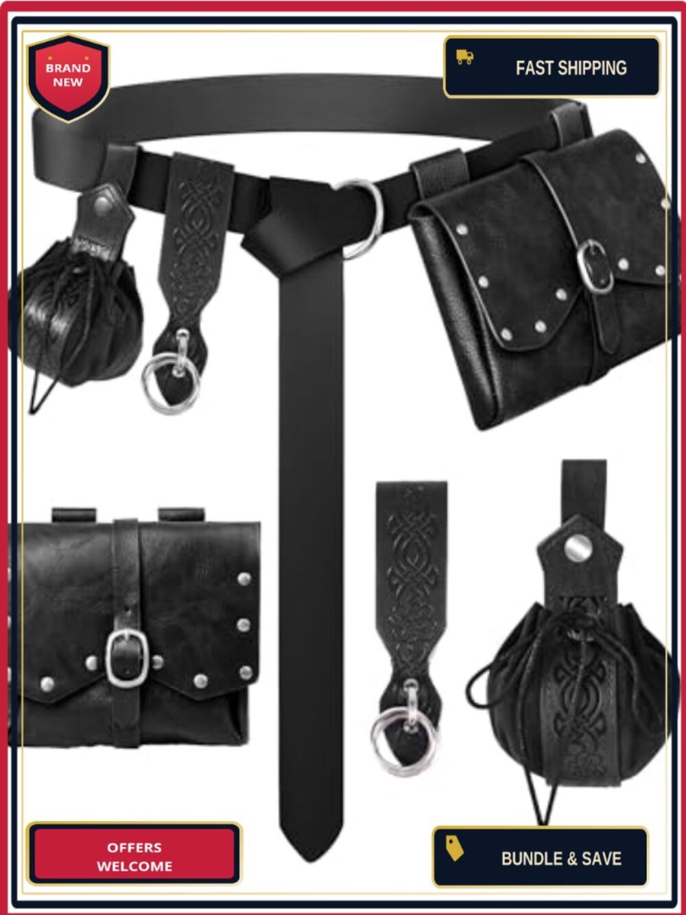 4Pc Renaissance Faux Leather Belt Bag Pouch Medieval Costume Accessories